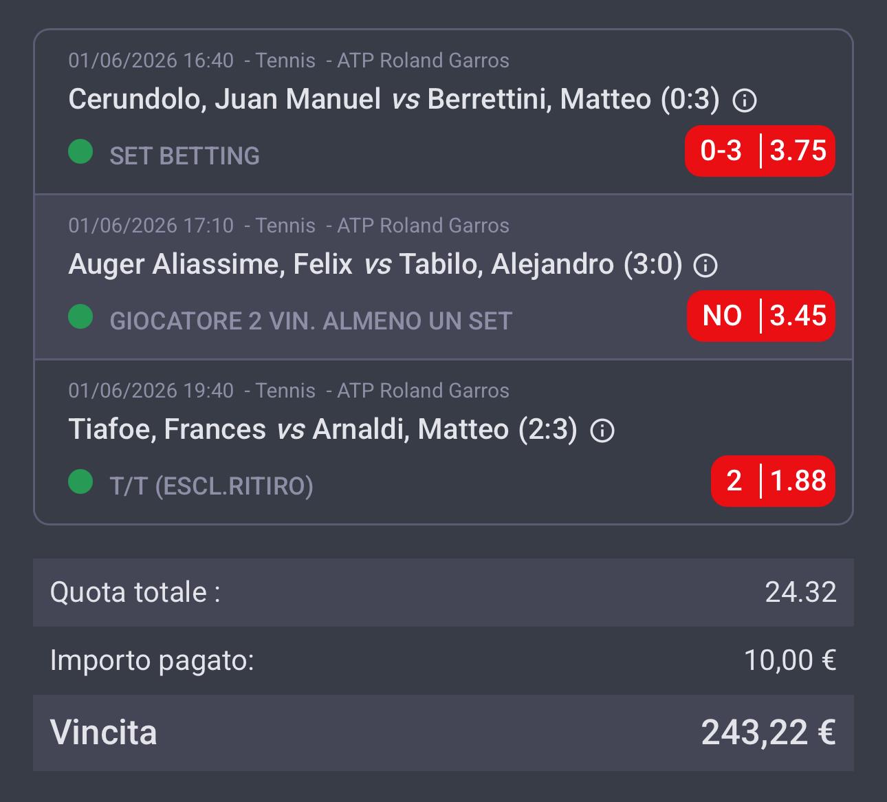 Bolletta vincente: tripla sul tennis, quota 24.32, vincita 243,22€